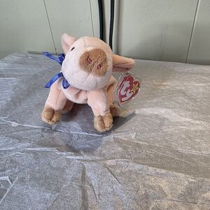 Ty Plush Pig - Soft Pink and Tan with Blue Ribbon